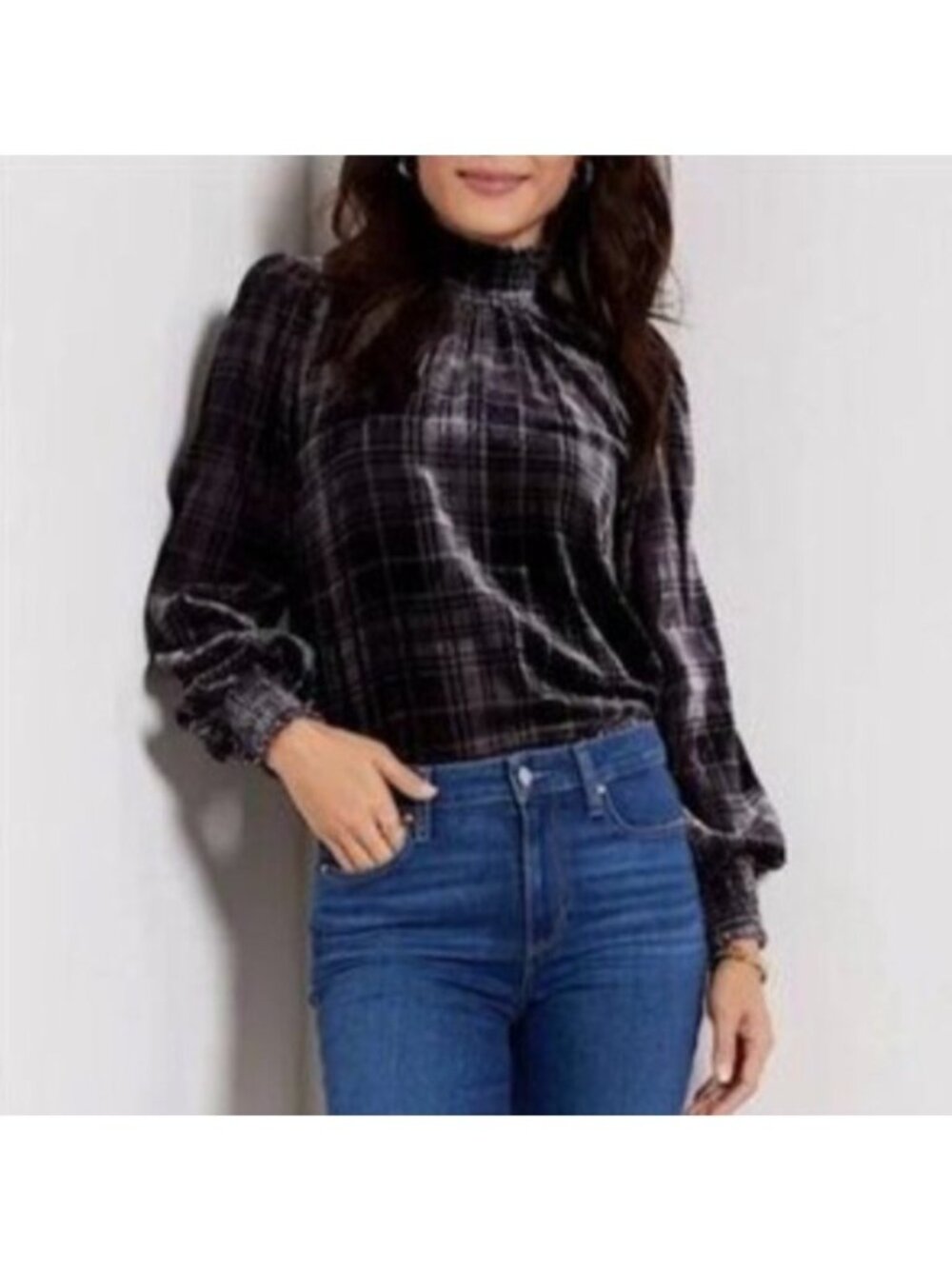 NEW Evereve Maren Plaid Velvet Mock-Neck Black Grey Keyhole Smocked Blouse Top